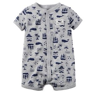 Carter's Baby Boy Grey Snap-Front Printed Romper Whales & Boats -size 9 months